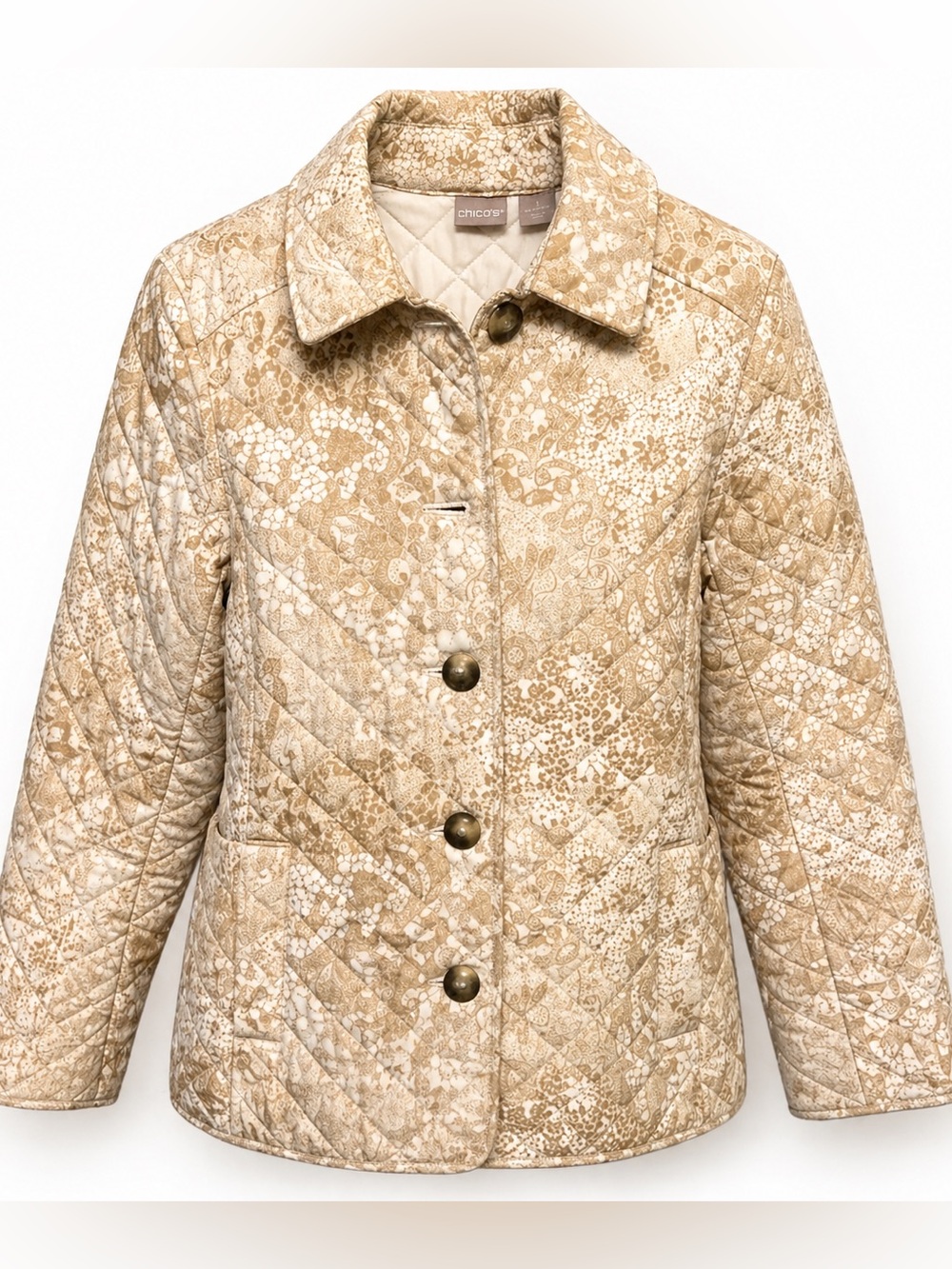 Chico’s Quilted Jacquard Jacket Beige Metallic Floral‎ Button Front Sz 1 Luxe
